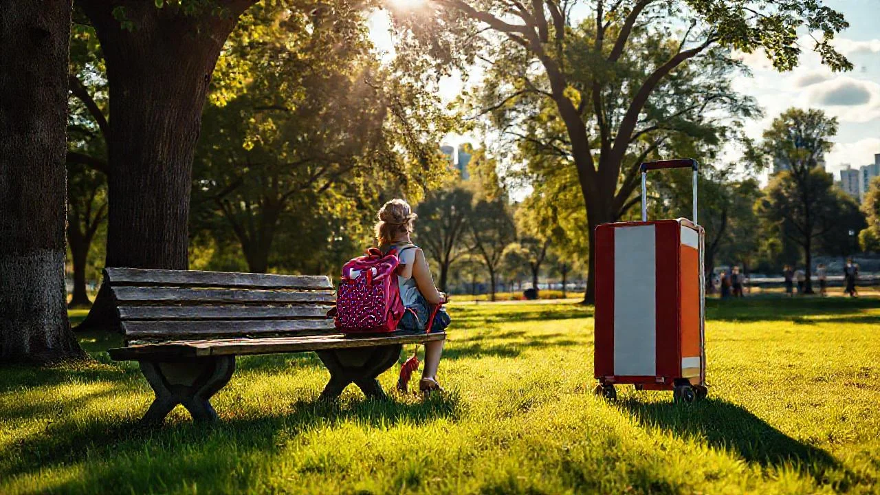 Parque tranquilo, luz dorada y mujer