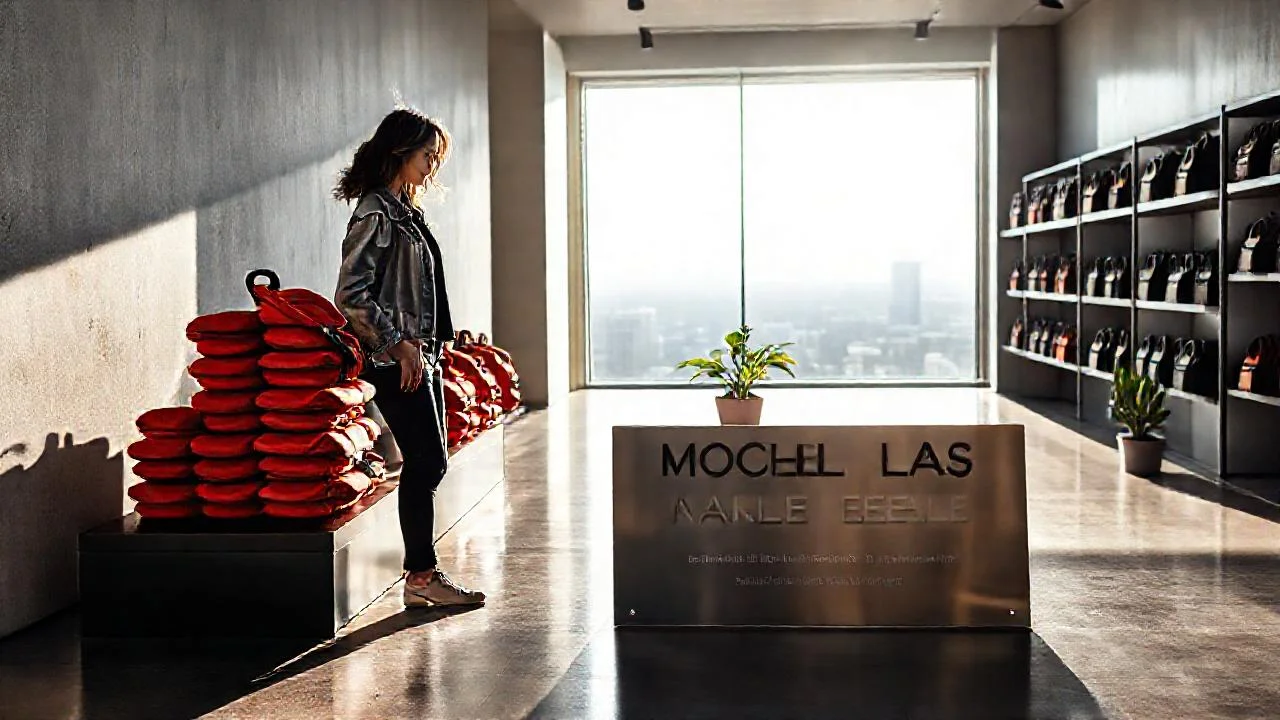 Luz cálida exhibe mochilas en espacio minimalista