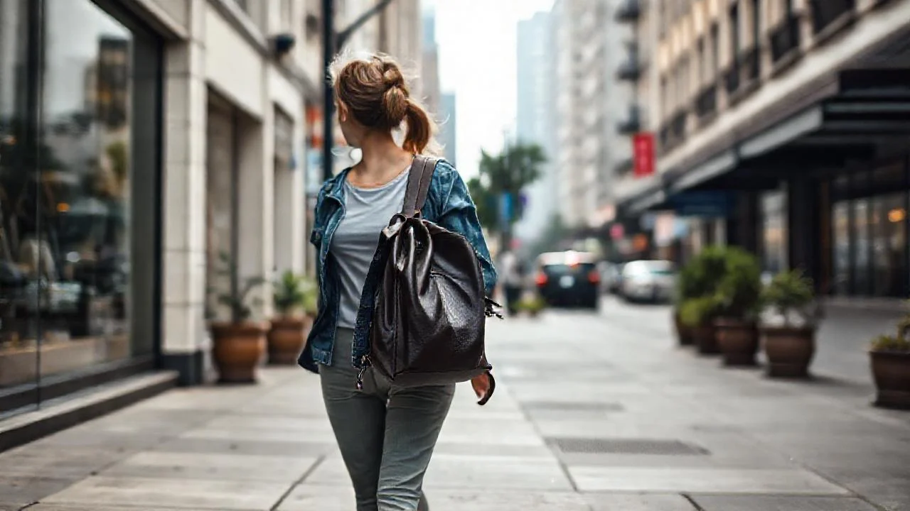 Mujer camina en ciudad nublada y activa