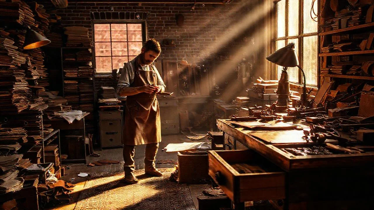 Un artesano examina un bolso en luz tenue