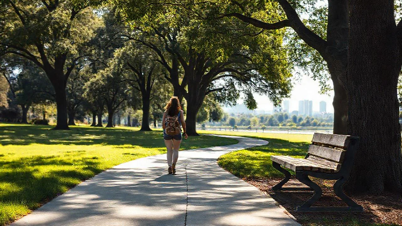 Una mujer camina en un parque sereno