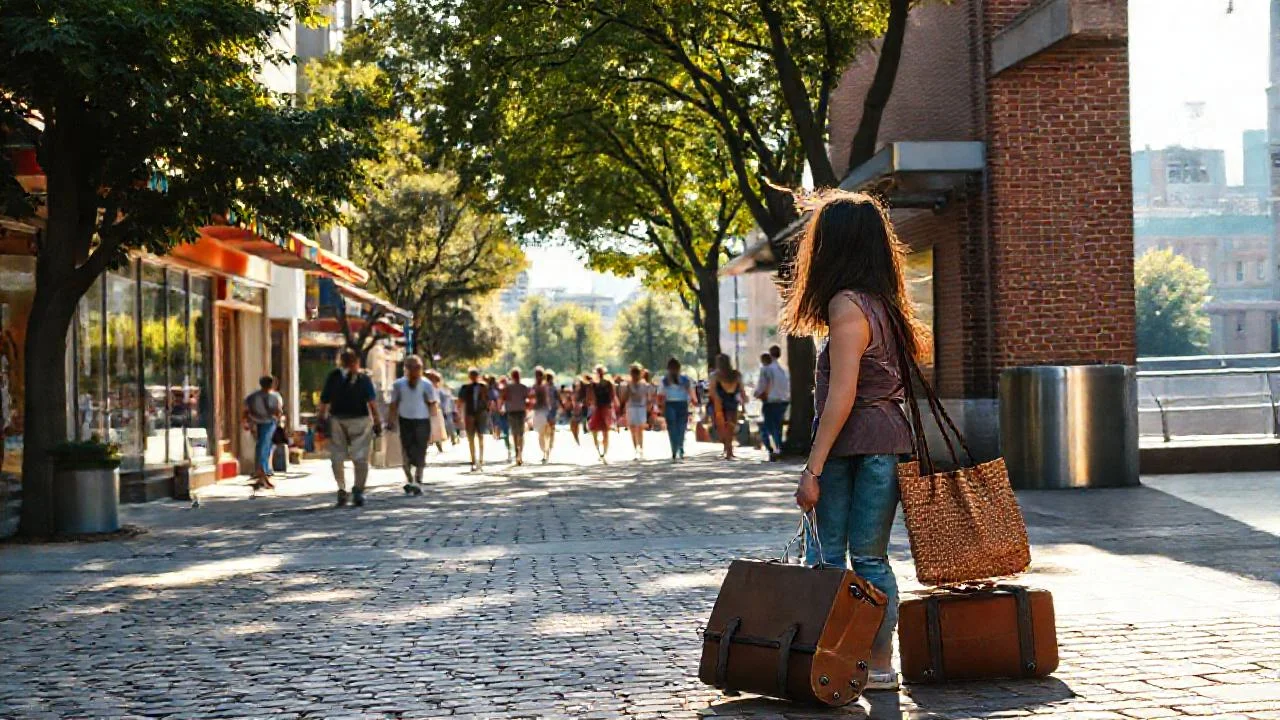Plaza urbana vibrante, luz y movimiento