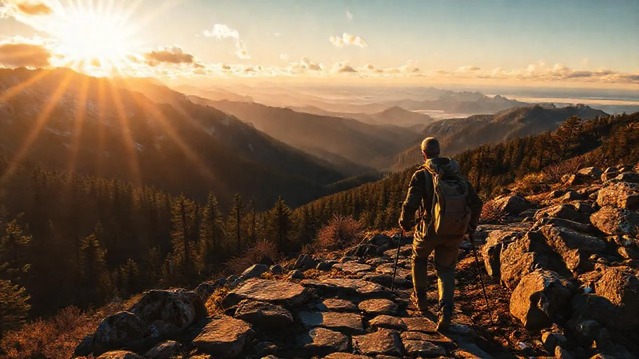 Hiker solitario disfruta paisaje montañoso