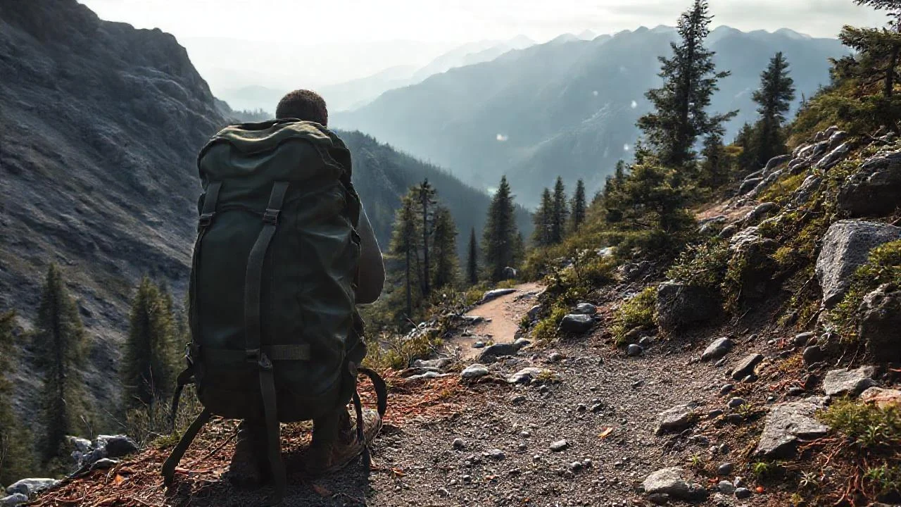 Hombre asciende a la montaña solitaria
