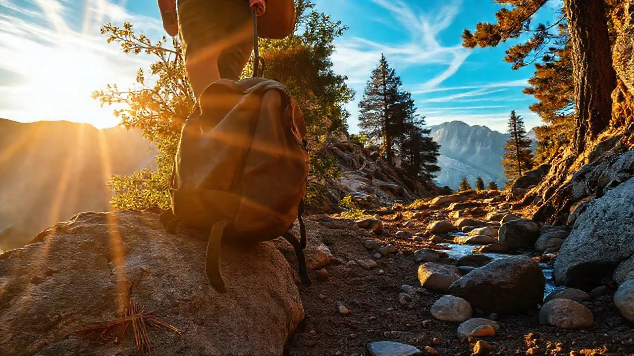Hiker asciende bajo sol dorado