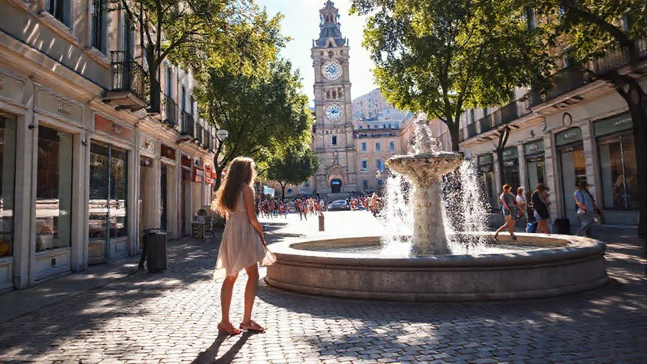 Plaza soleada, calma y color
