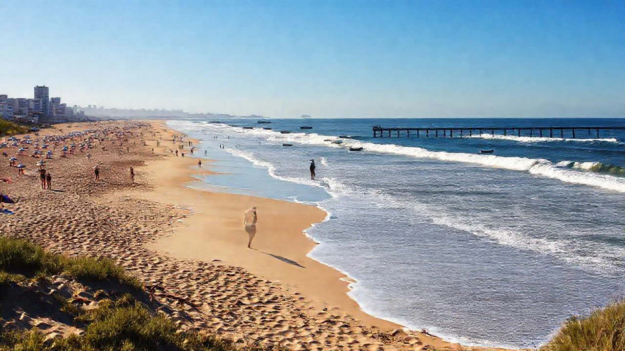 Playa soleada, olas y horizonte distante