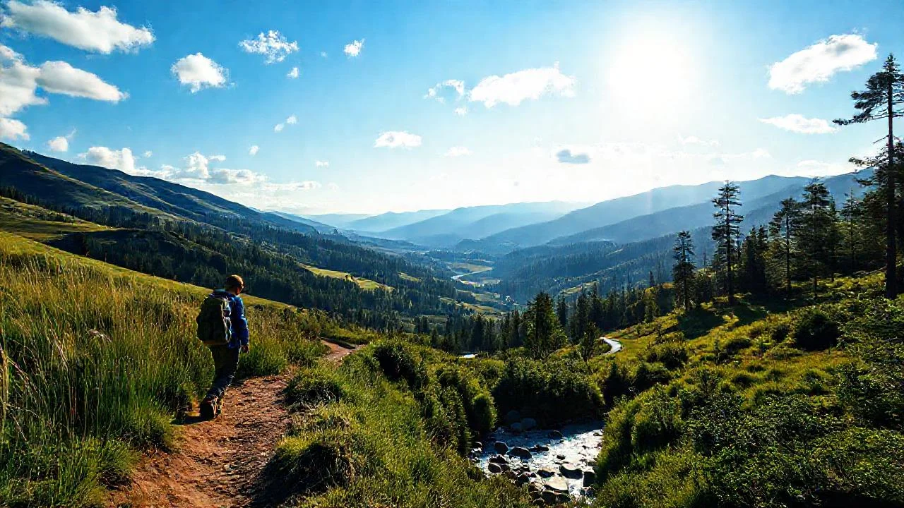 Hiker explora valle tranquilo y sereno