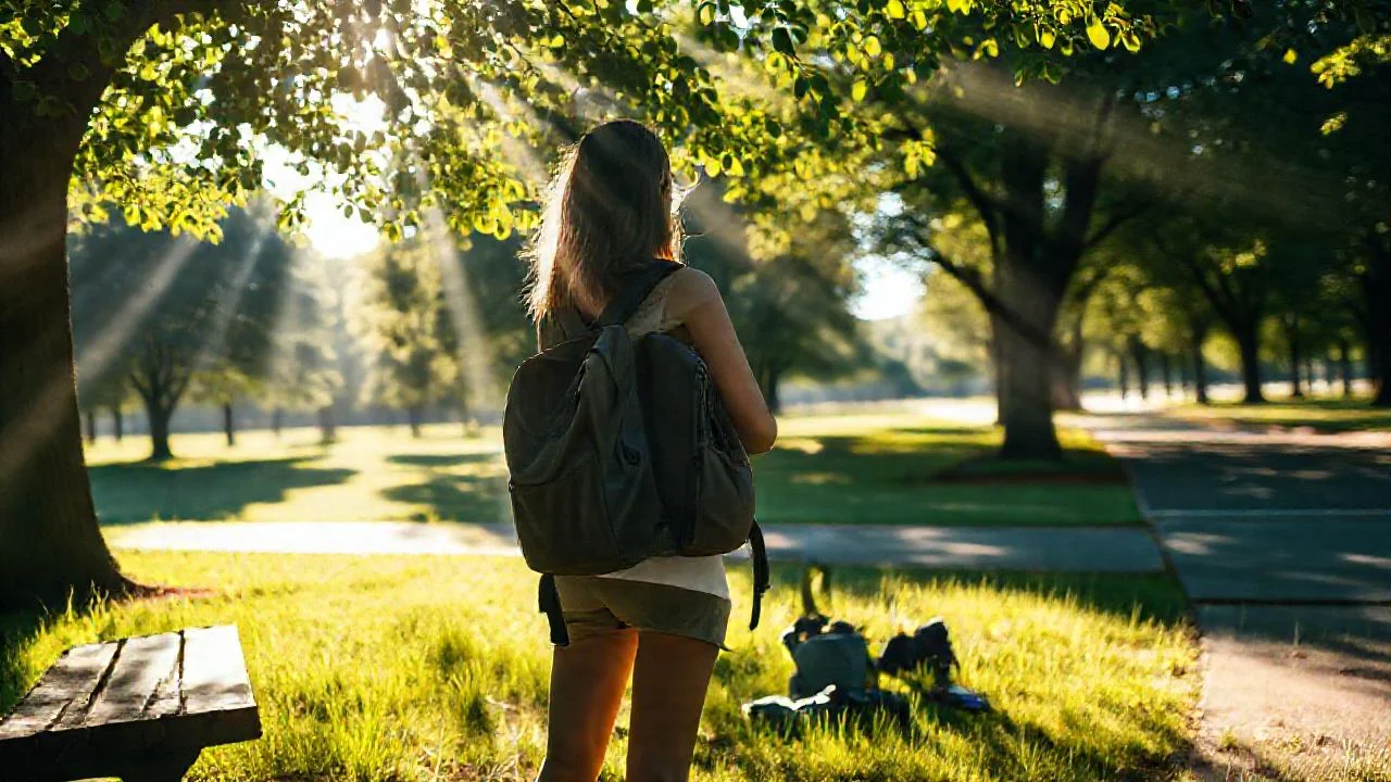 Mujer tranquila en un parque soleado