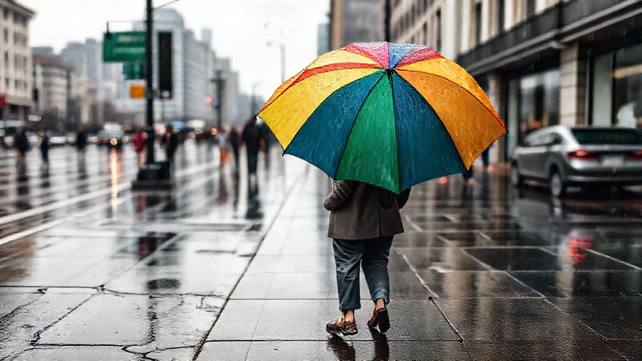 Rainbow Walker: Paraguas arcoiris, estilo y protección en días lluviosos