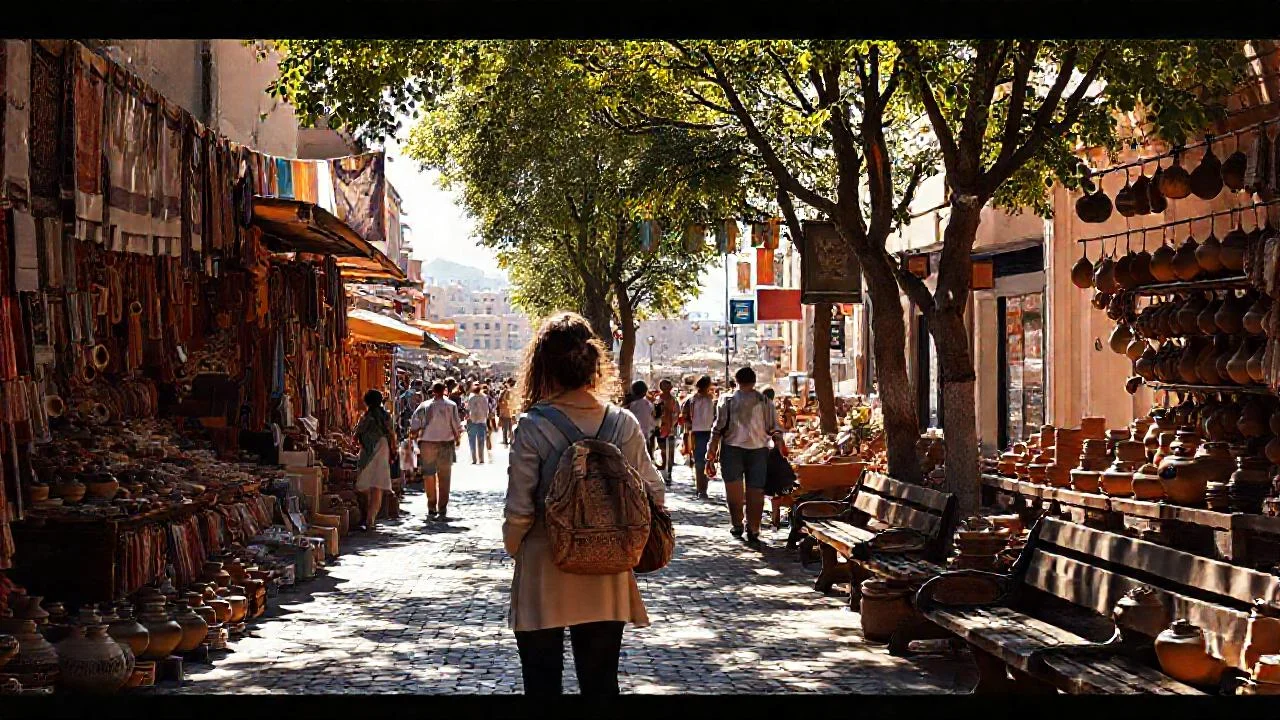 Mercado soleado, vibrante y bullicioso