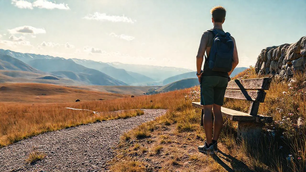 Un joven contempla la vasta montaña