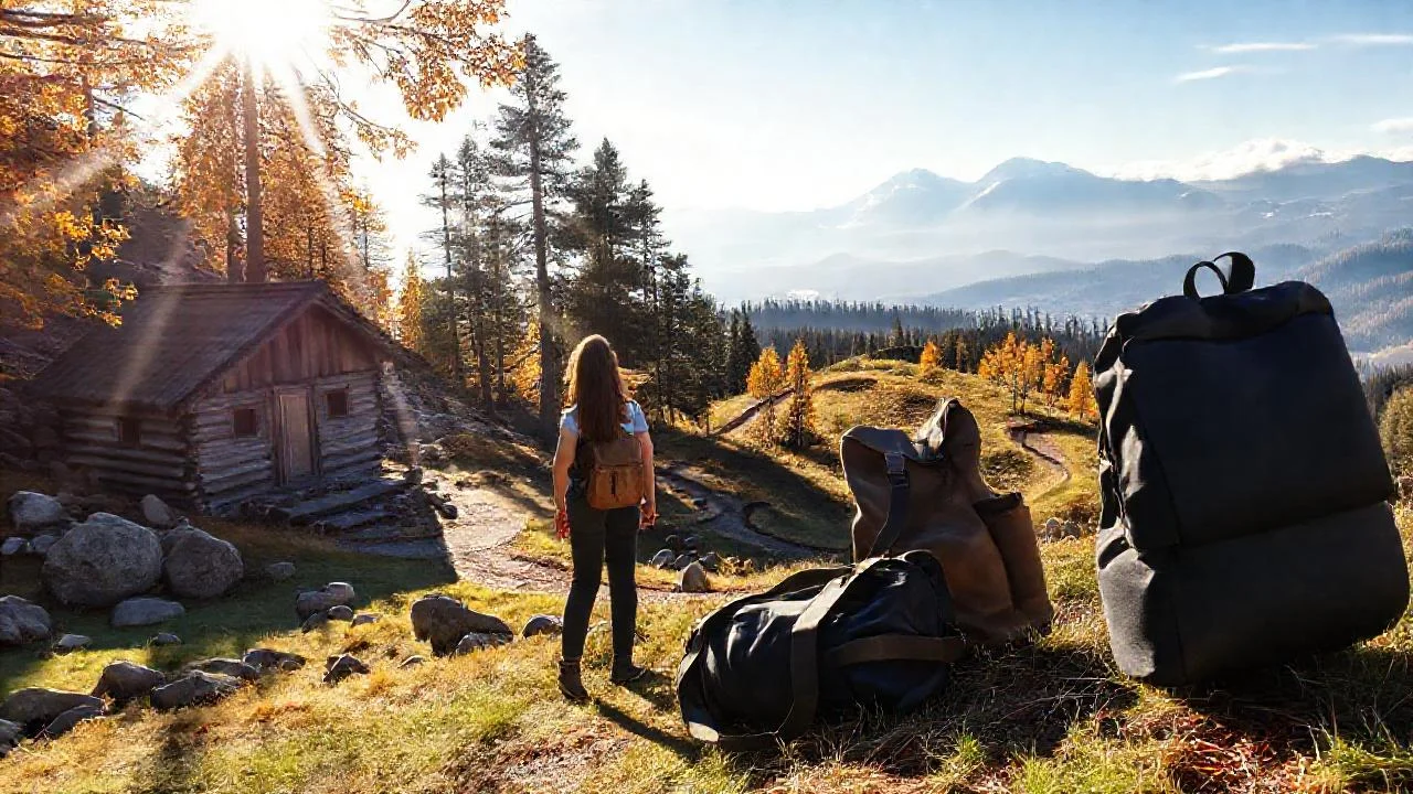 Mujer en montaña, otoño sereno