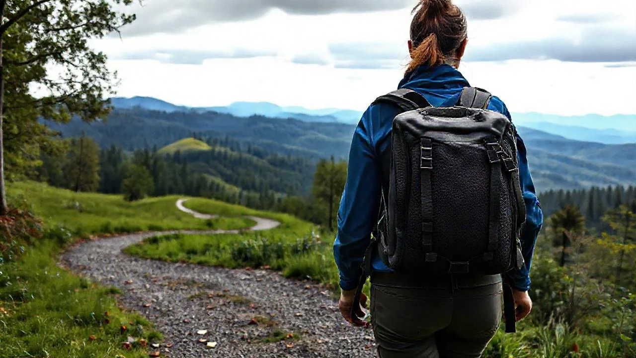 Mujer camina en un paisaje natural