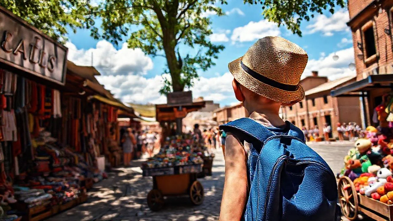 Mercado soleado, colores y sombras tranquilas