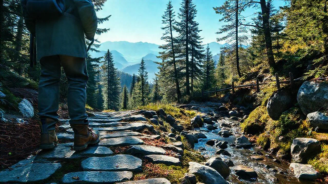 Un senderista explora un paisaje montañoso sereno