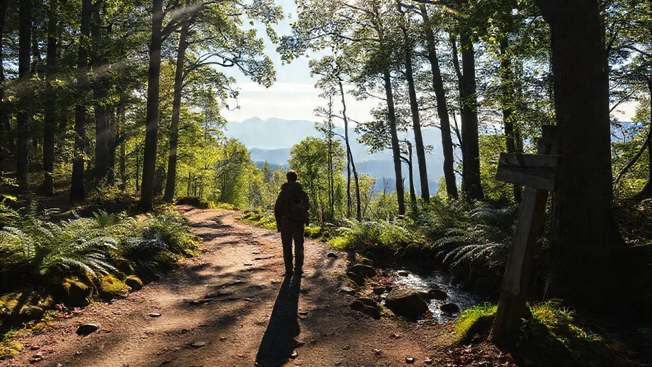 Silueta solitaria en vasto bosque